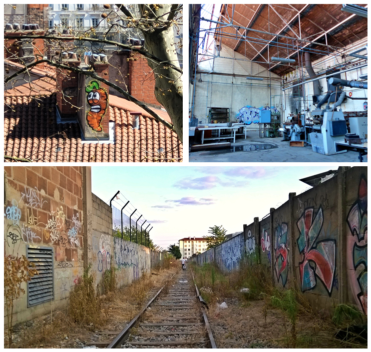 Fourbe (Lla carotte), spray, Croix-Paquet Lyon 1er, 2020 (en haut à gauche) ; Becr, spray, usine abandonnée, Vénissieux (en haut à droite) et Voie ferrée abandonnée, quartier des États-Unis, Lyon 8e, 2015 (en bas)